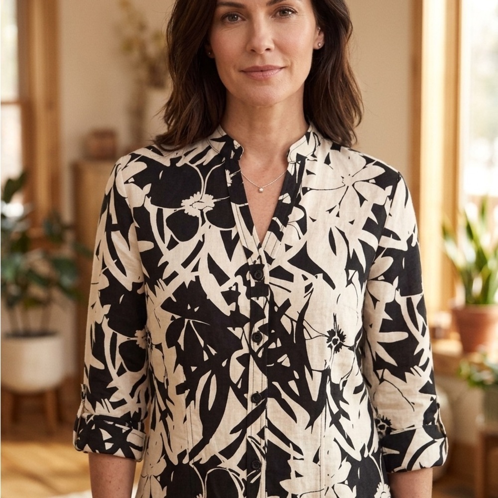 Harve Benard | Black and Cream Floral Linen Blend Blouse | Sz M
